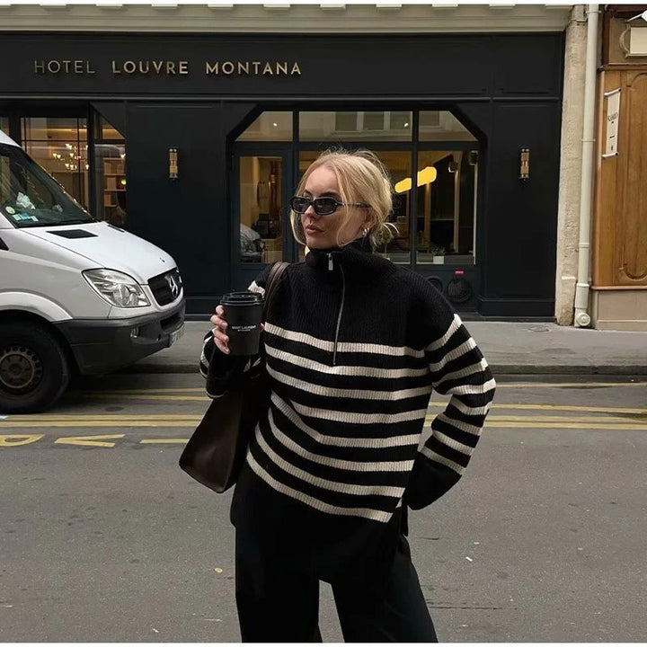 Damen Teddy-Pullover mit hohem Kragen und modernem Streifenmuster Drune