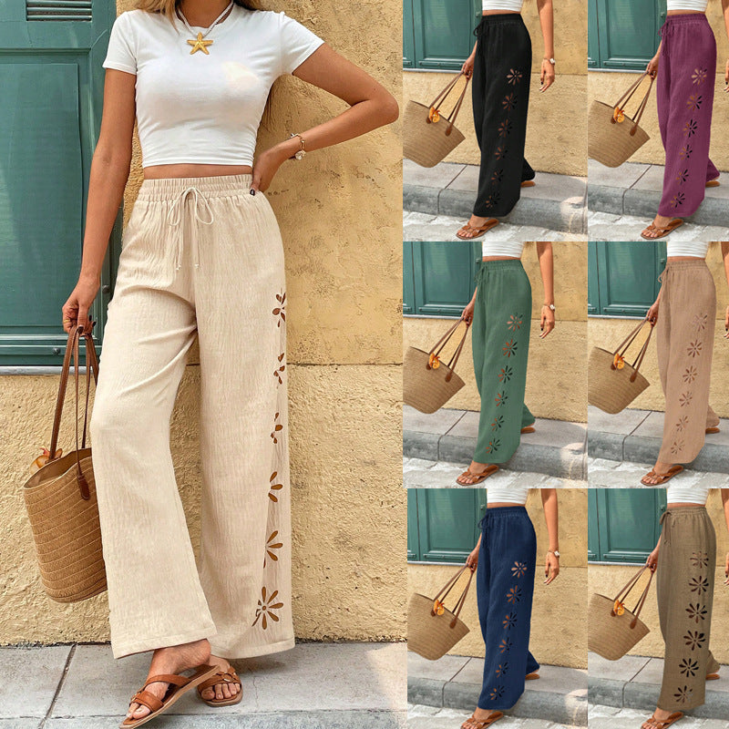 Damen Weite Leinenhose mit Blumen-Applikationen und Elastikbund Drune