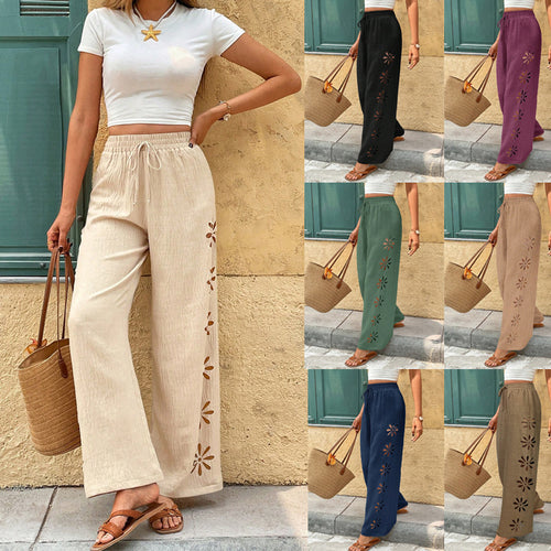 Damen Weite Leinenhose mit Blumen-Applikationen und Elastikbund Drune