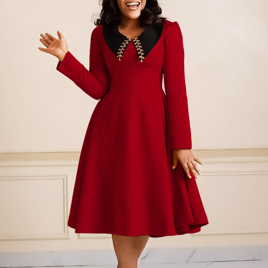 Damen Kleid mit elegantem Kragen und voluminösem Rock Drune