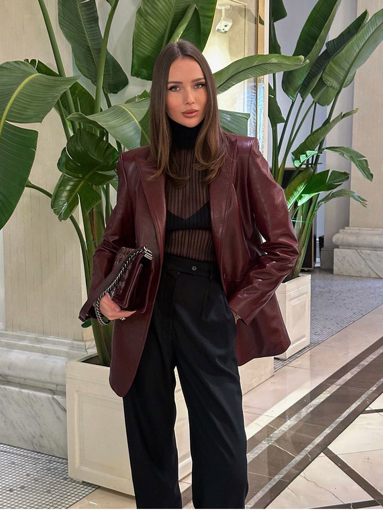 Damen Glattleder-Blazer mit strukturierter Schulterpartie und verlängertem Schnitt Drune
