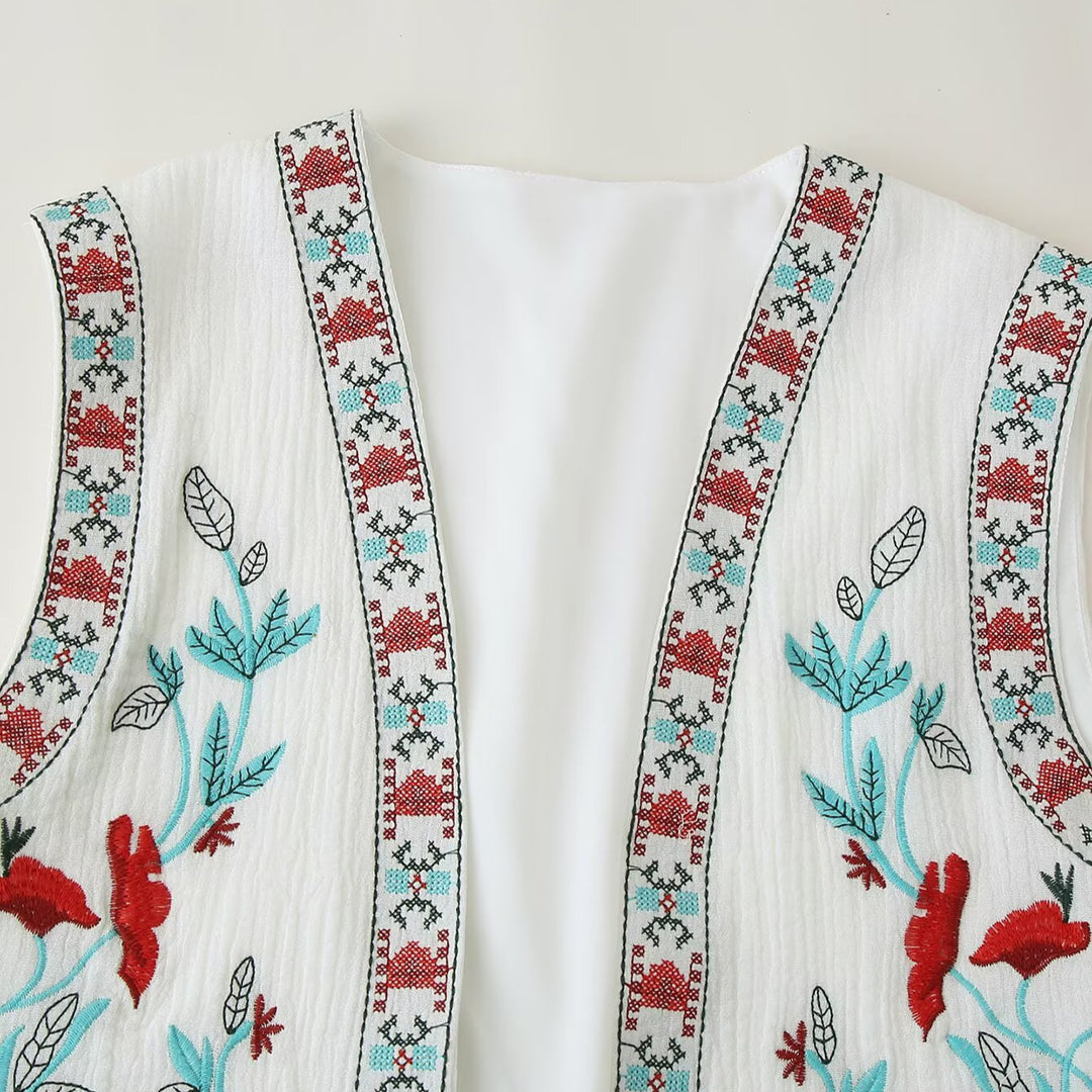 Damen Bestickte ärmellose Boho-Weste mit offenem Schnitt und floraler Stickerei Drune