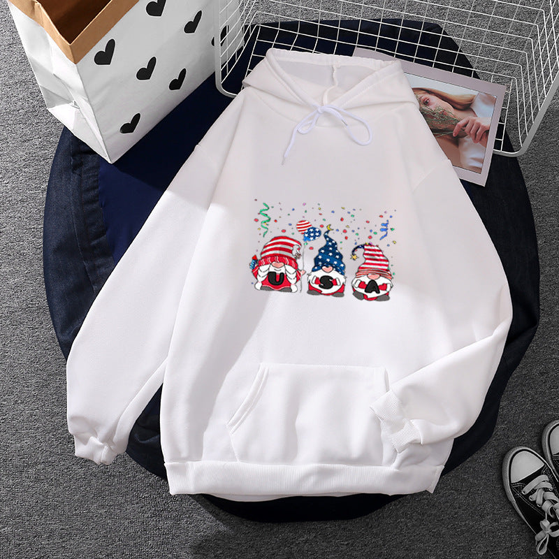 Damen nan Kapuzenpullover mit patriotischem Gartenzwerg-Print, angerautem Fleece-Innenfutter, Oversize-Schnitt und Kängurutasche Drune