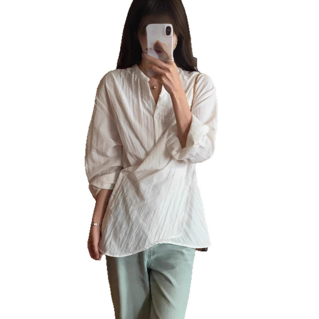 Damen Wickelbluse mit geraffter Taille und Ballonärmeln Drune