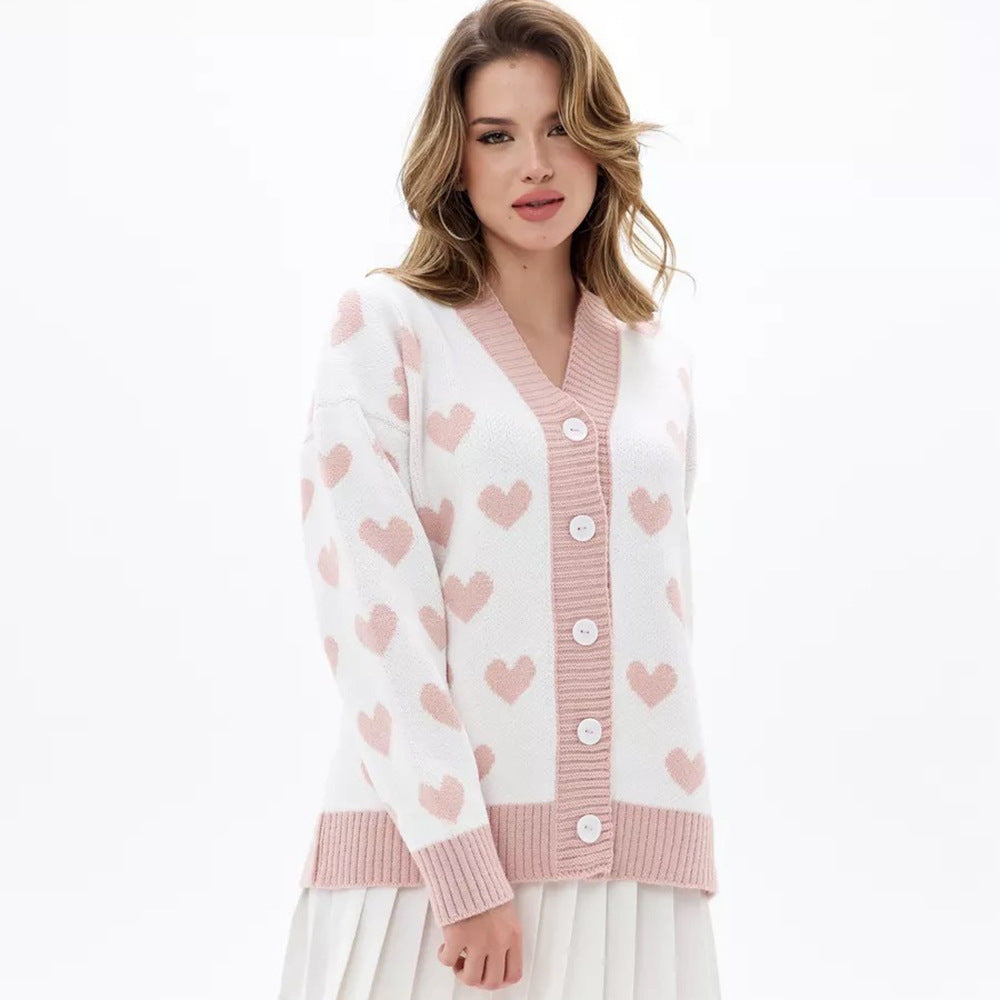 Damen Strickjacke mit Herzmuster und Knopfdetails Drune