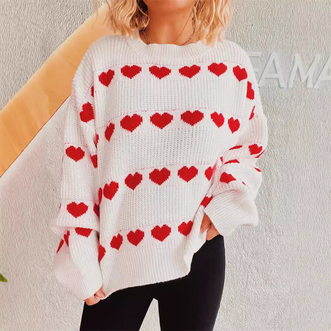 Damen gemütlicher Herzmuster-Strickpullover mit weiten Ärmeln Drune