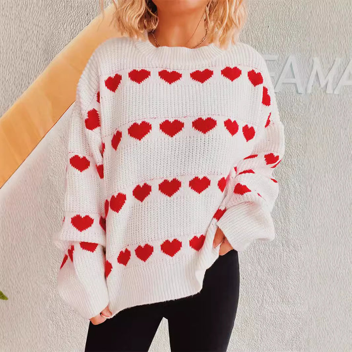 Damen gemütlicher Herzmuster-Strickpullover mit weiten Ärmeln Drune