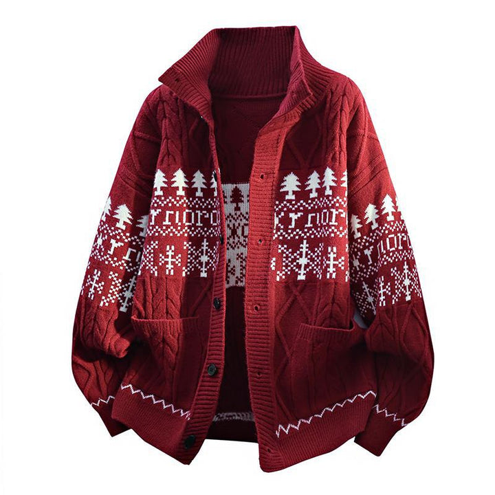 Damen nan gestrickter Norweger-Cardigan mit Stehkragen, Zopfmuster und aufgesetzten Taschen Drune