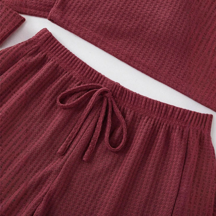 Damen Dreiteiliges Waffelstrick‑Lounge‑Set mit Cropped‑Pullover, Spaghettiträger‑Top und hochtaillierten Shorts Drune