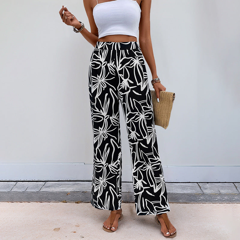 Damen Weite Leinenoptik-Hose mit hohem Bund und floralem Print Drune