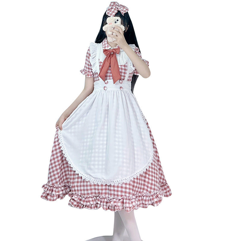 Damen nan vintage-inspiriertes Lolita-Kleid mit Karomuster Volants und abnehmbarer Schürze Drune
