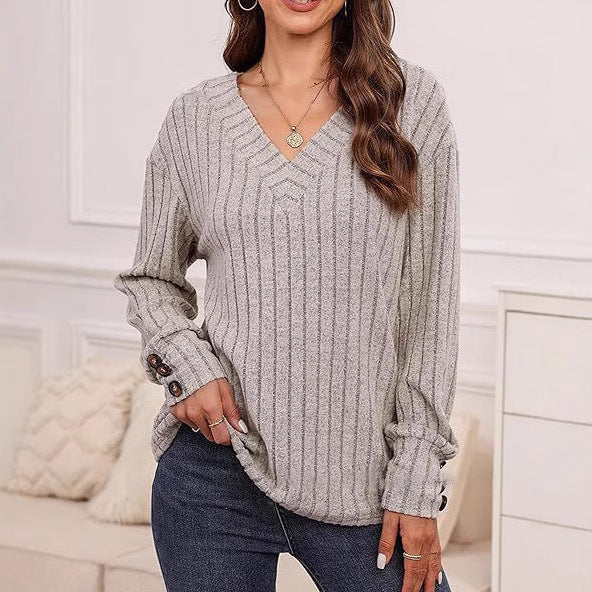 Damen Strickpullover mit V-Ausschnitt und dekorativen Knopfdetails Drune
