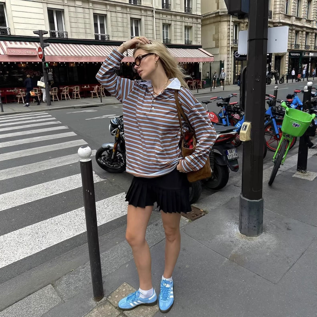 Damen Gestreiftes Oversize-Rugbyshirt mit kontrastierendem Hemdkragen und Knopfleiste Drune