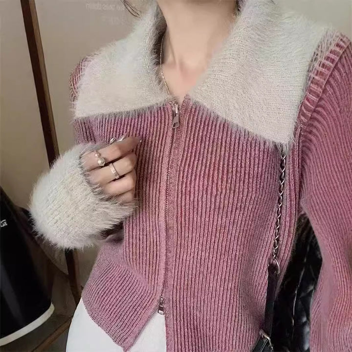 Damen Strickjacke mit luxuriösem Kragen und Reißverschluss Drune