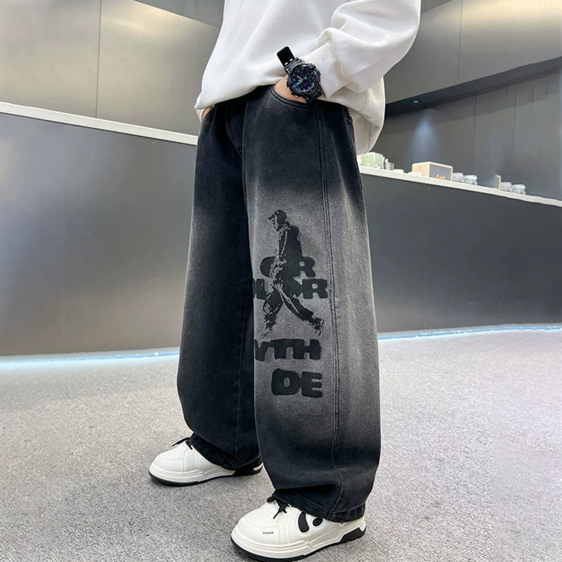 Herren weit geschnittene Denim-Hose mit stylischem Grafikdruck Drune