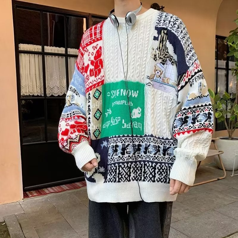 Herren Gemütlicher Grobstrickpullover mit buntem Patchwork Drune