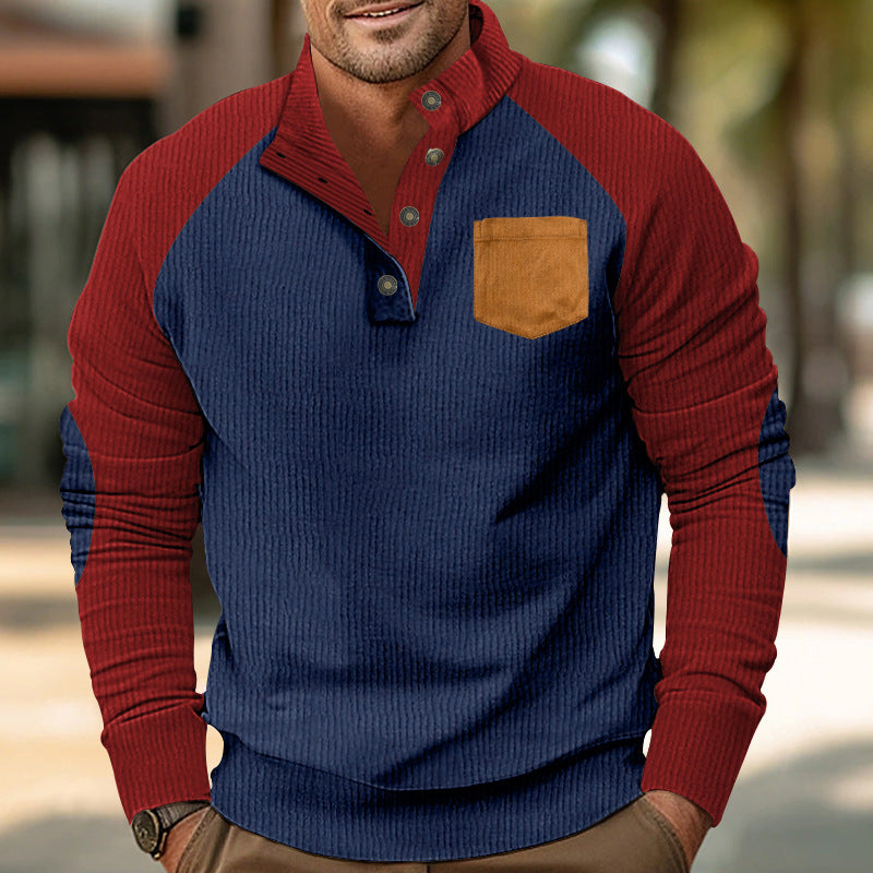 Herren nan geripptes Waffel-Henley-Langarmshirt mit Stehkragen Druckknopfleiste Kontrastärmeln und Brusttasche Drune