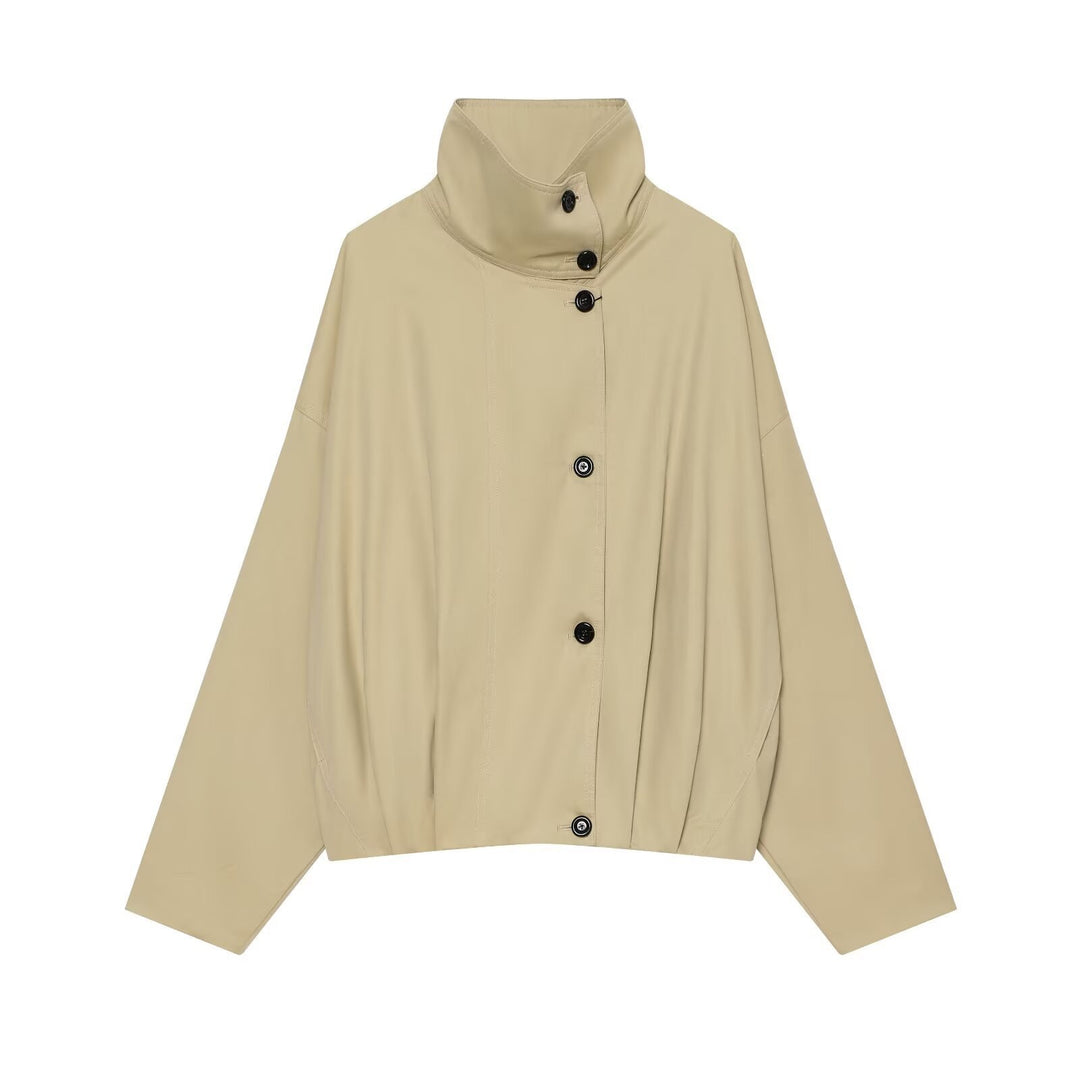 Damen Kurze wasserabweisende Cape‑Jacke mit hohem Stehkragen und verdeckter Knopfleiste Drune