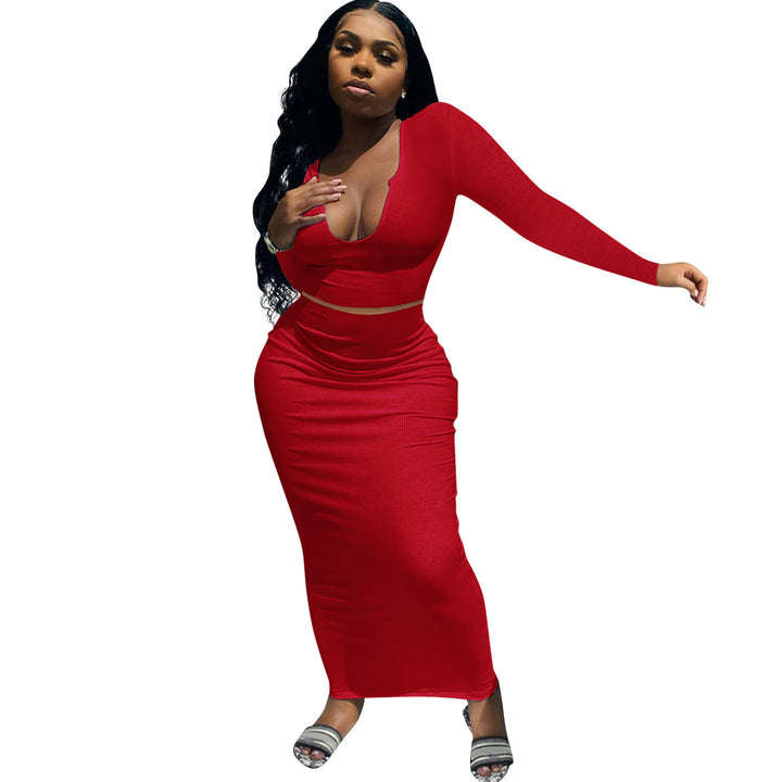 Damen Figurbetontes Maxikleid mit langem Arm und tiefem V-Ausschnitt Drune