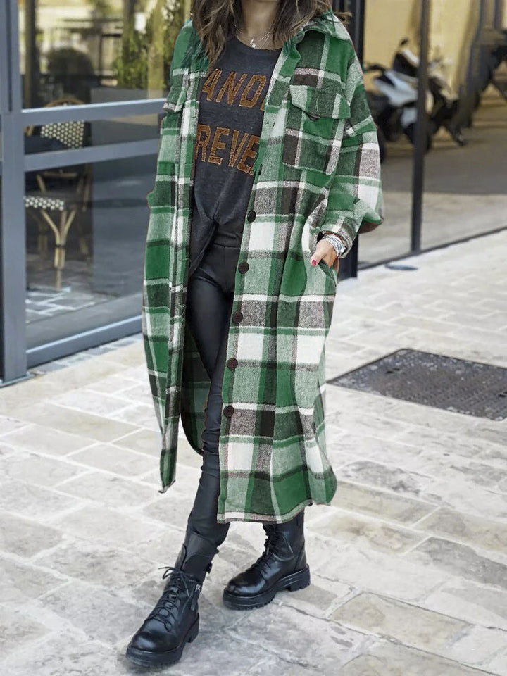 Damen Karierter Langmantel mit praktischen Taschen Drune