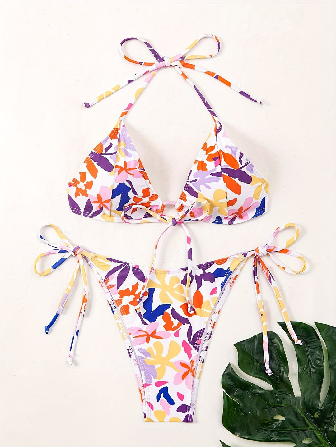 Damen Triangel-Bikini mit verstellbaren Schnüren und fröhlichem Blumenmuster Drune