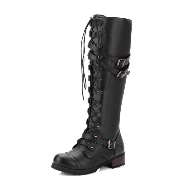 Damen Kniehohe Schnürstiefel mit verstellbaren Zierschnallen und robuster Profilsohle Drune