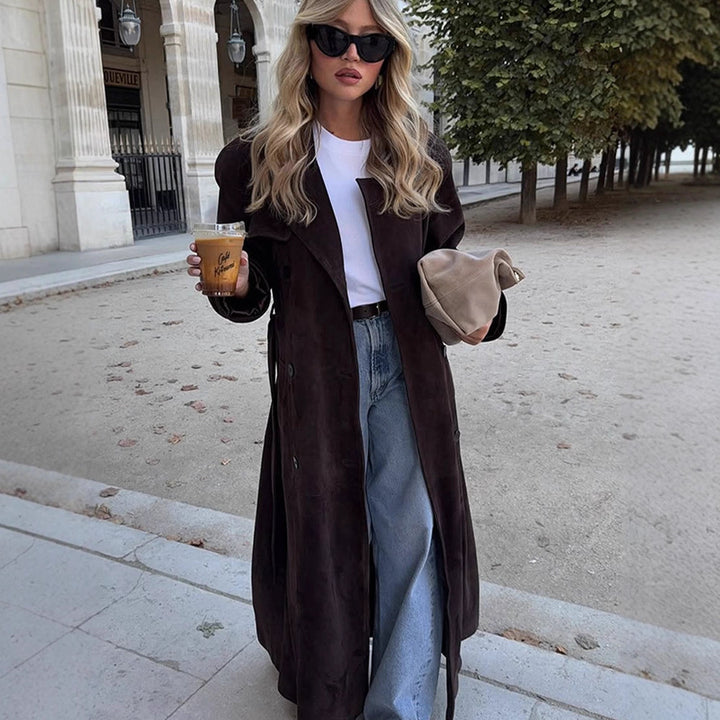 Damen Langer Velours-Trenchcoat mit Bindegürtel und Reverskragen Drune