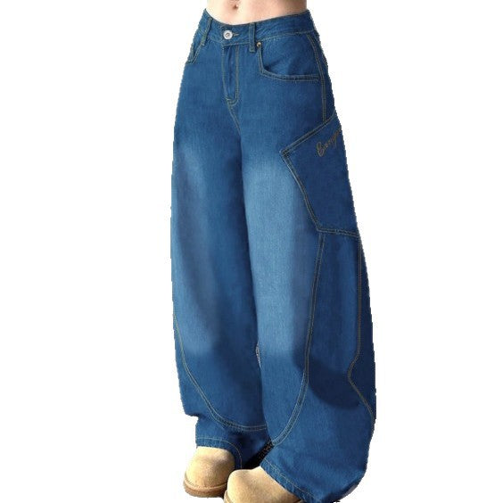 Damen Weite High-Waist Balloon-Jeans mit Utility-Taschen und kontrastierenden Nähten Drune