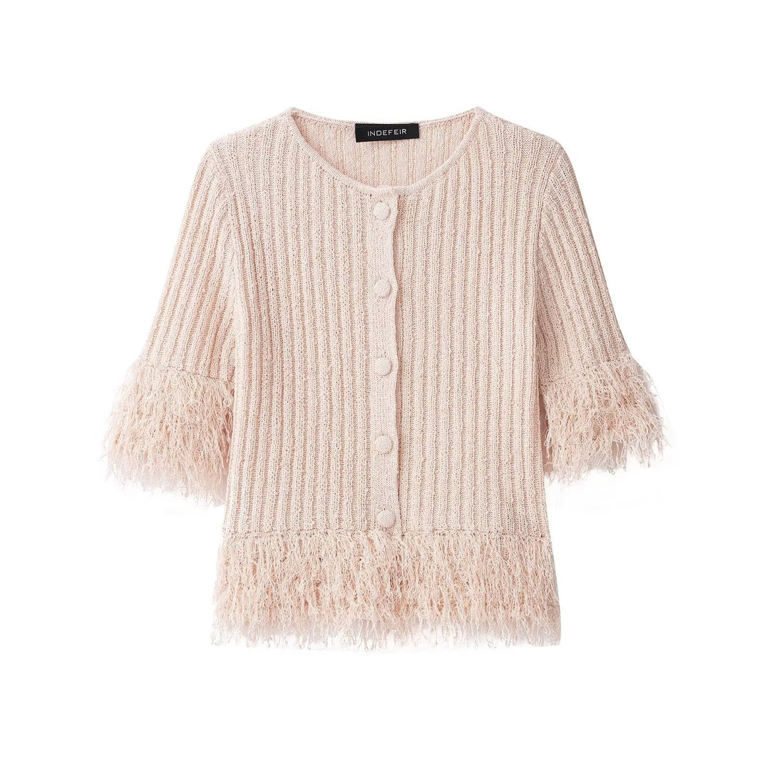 Damen Bouclé-Cardigan mit Fransenärmeln und verdeckter Knopfleiste Drune
