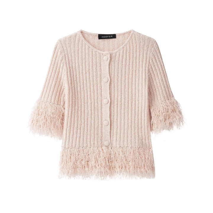 Damen Bouclé-Cardigan mit Fransenärmeln und verdeckter Knopfleiste Drune
