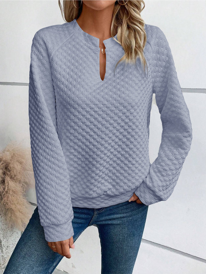 Damen Gestepptes Sweatshirt mit Schlitzkragen, Rautenstruktur und Raglanärmeln Drune