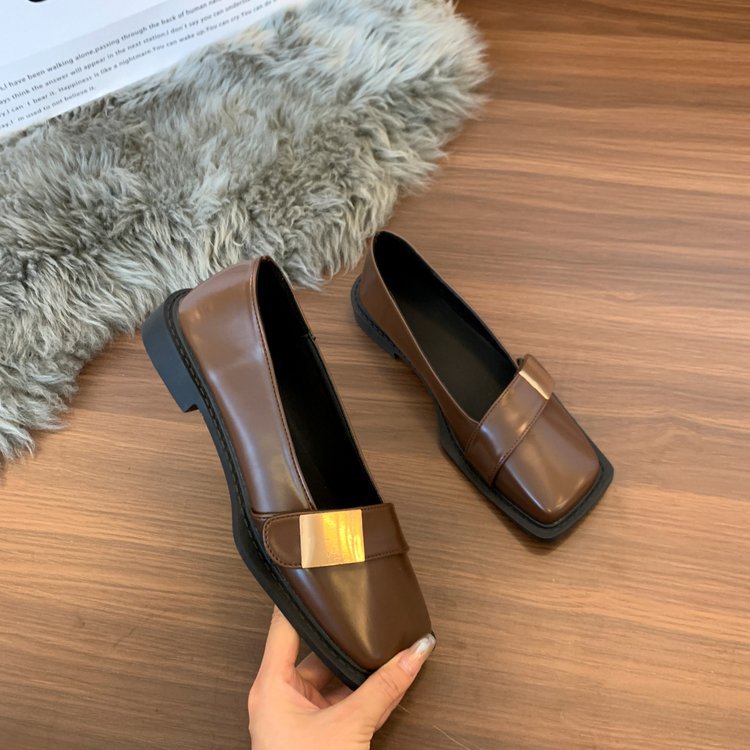 Damen Elegante Loafer mit quadratischer Zehenkappe und goldener Zierplatte Drune