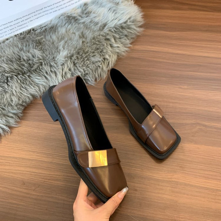 Damen Elegante Loafer mit quadratischer Zehenkappe und goldener Zierplatte Drune