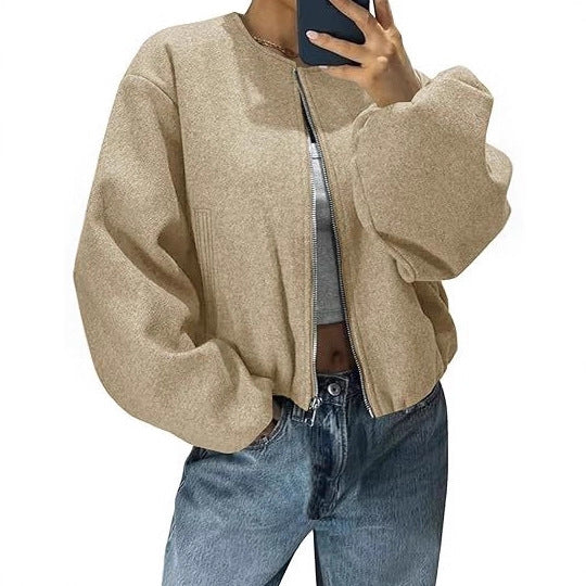 Damen Kurzjacke mit durchgehendem Reißverschluss, Ballonärmeln und elastischem Saum Drune