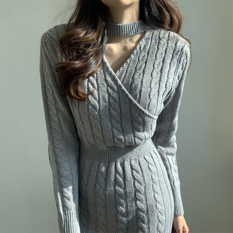 Damen langes Strickkleid mit buntem Zopfmuster und hohem Taillenschnitt Drune