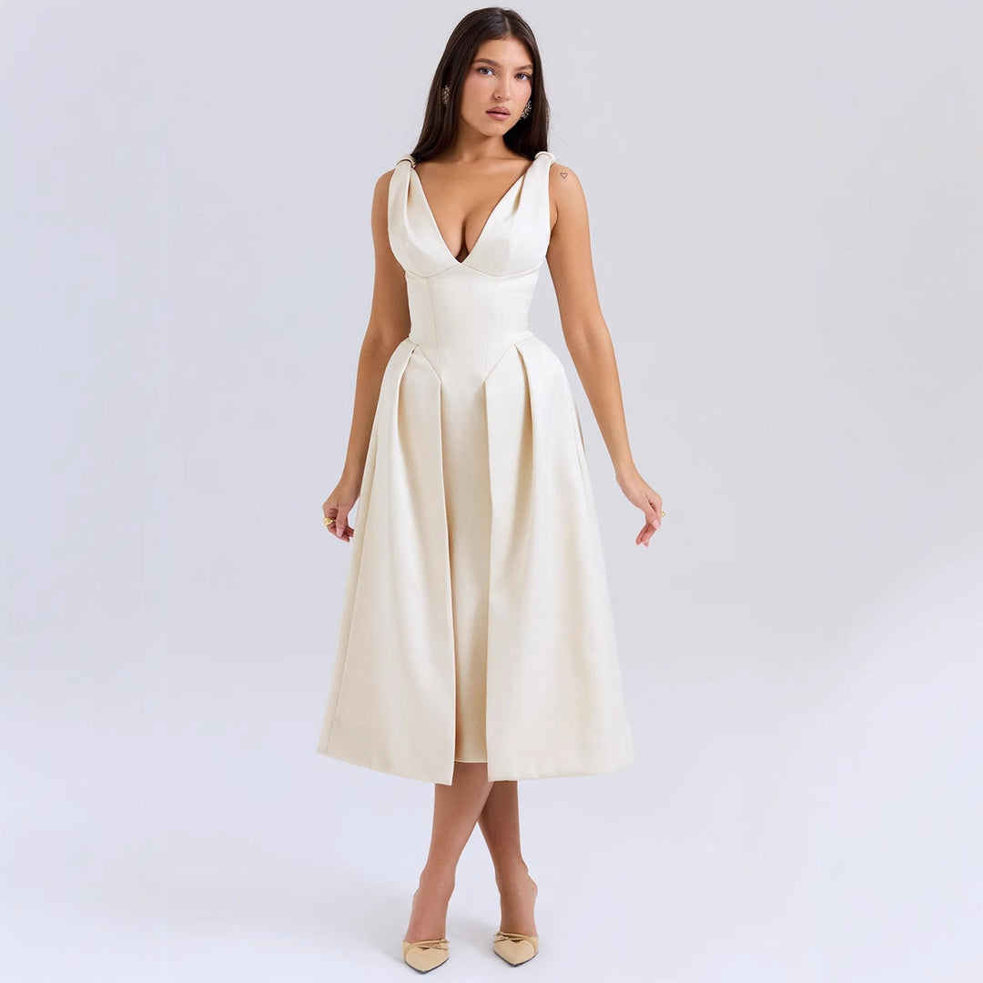 Damen Elegantes Wickelkleid mit tiefem V-Ausschnitt und schwingendem Rock Drune