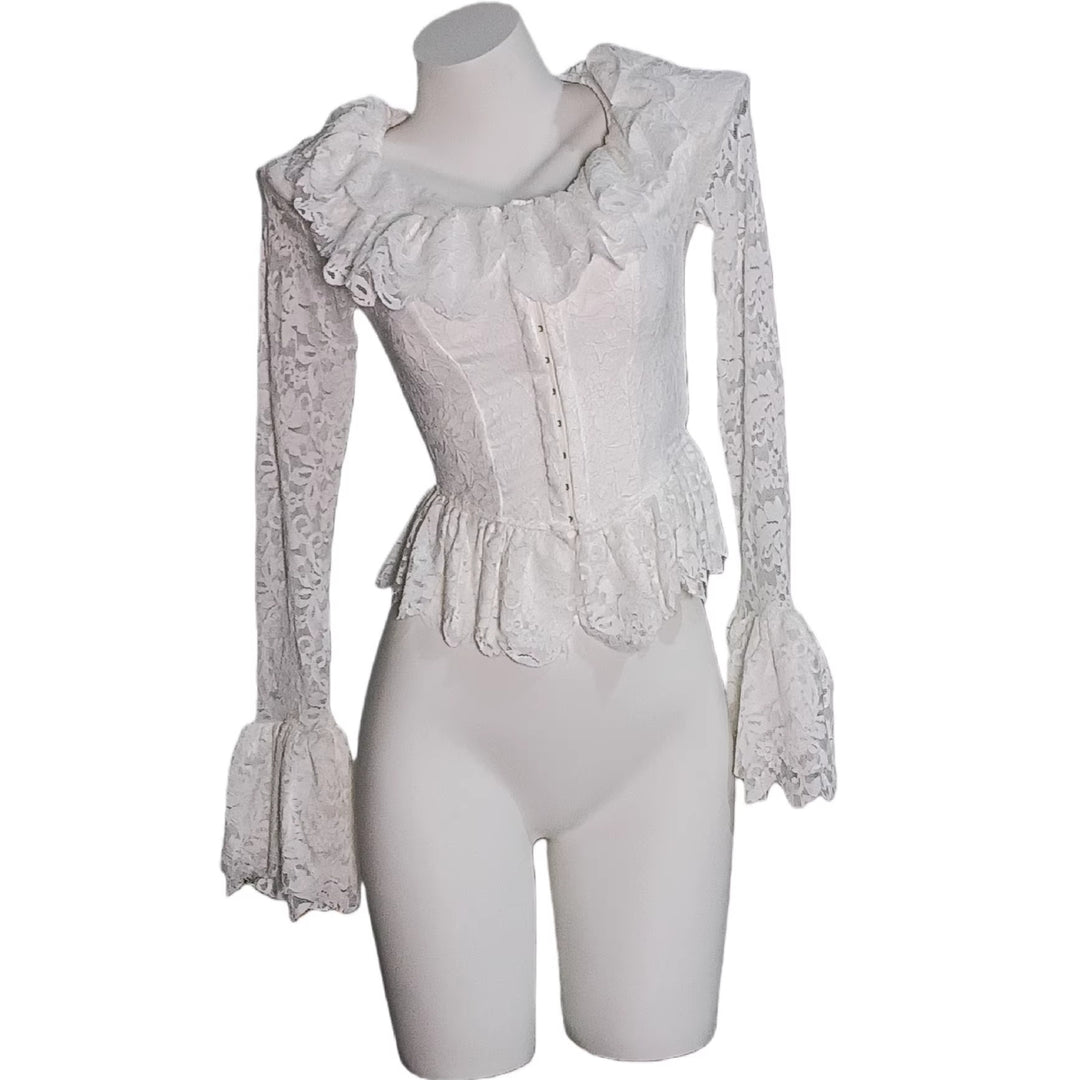 Damen Spitzen-Corsage mit Rüschenkragen und Glockenärmeln Drune
