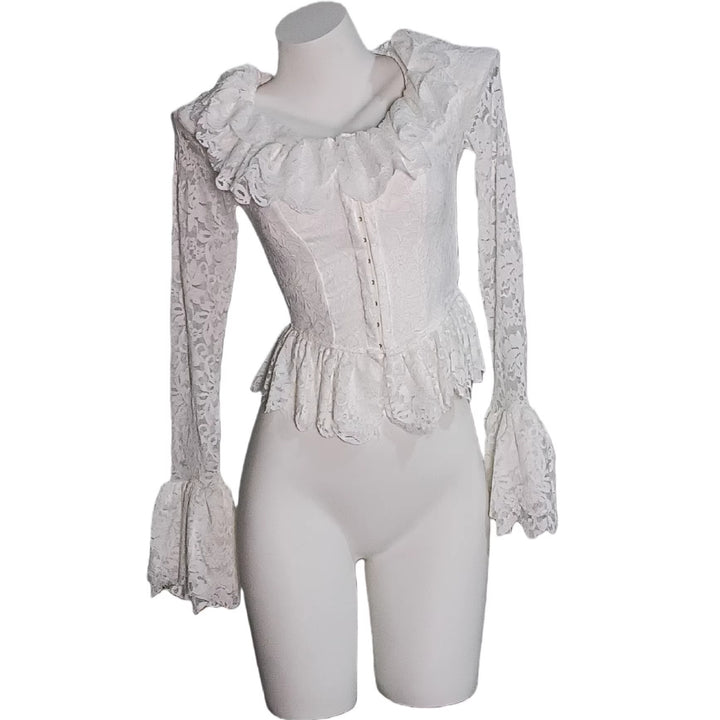 Damen Spitzen-Corsage mit Rüschenkragen und Glockenärmeln Drune