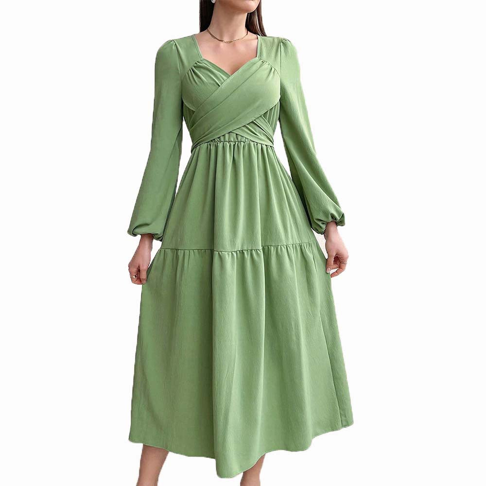 Damen langärmeliges Midikleid mit überkreuztem Drapé-Bustier, elastischer Unterbrustnaht und zweistufigem Stufenrock Drune