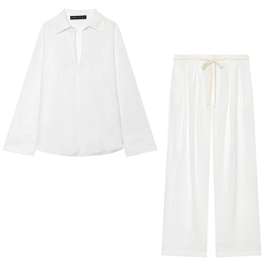 Damen Zweiteiliges Loungewear-Set mit weiter Hemdbluse und fließender Marlene-Hose Drune