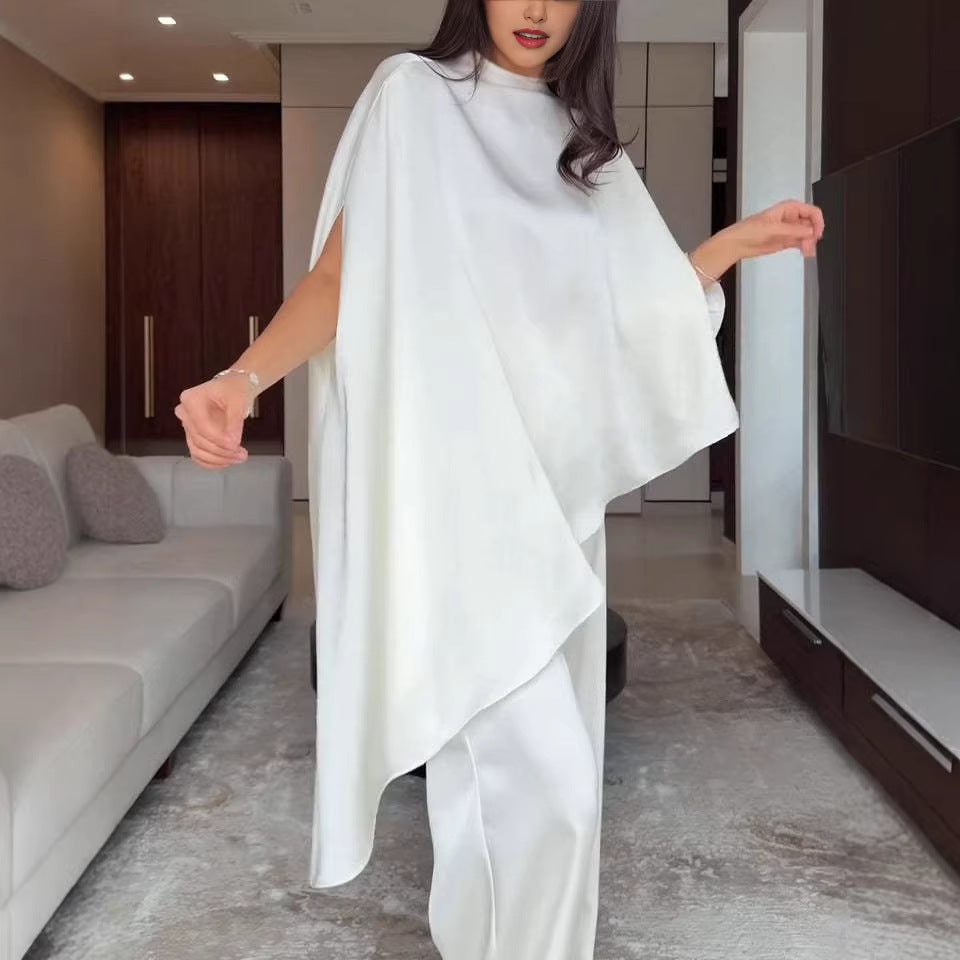 Damen Zweiteiliges Chiffon-Cape mit asymmetrischem Saum und Hose mit elastischem Bund Drune