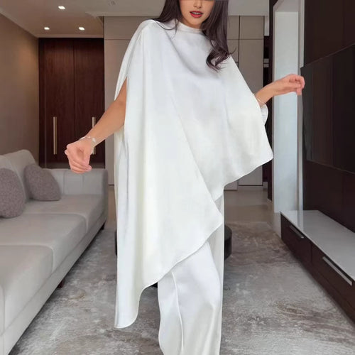 Damen Zweiteiliges Chiffon-Cape mit asymmetrischem Saum und Hose mit elastischem Bund Drune