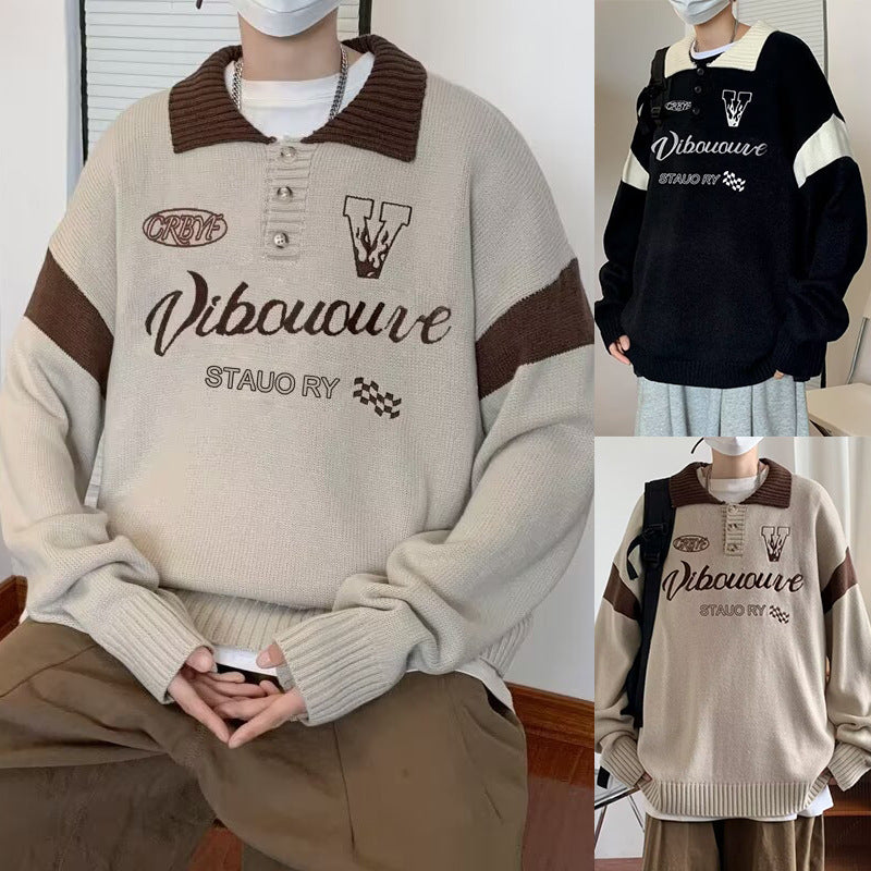 Herren Lässiger Strickpullover mit Polo-Kragen Drune