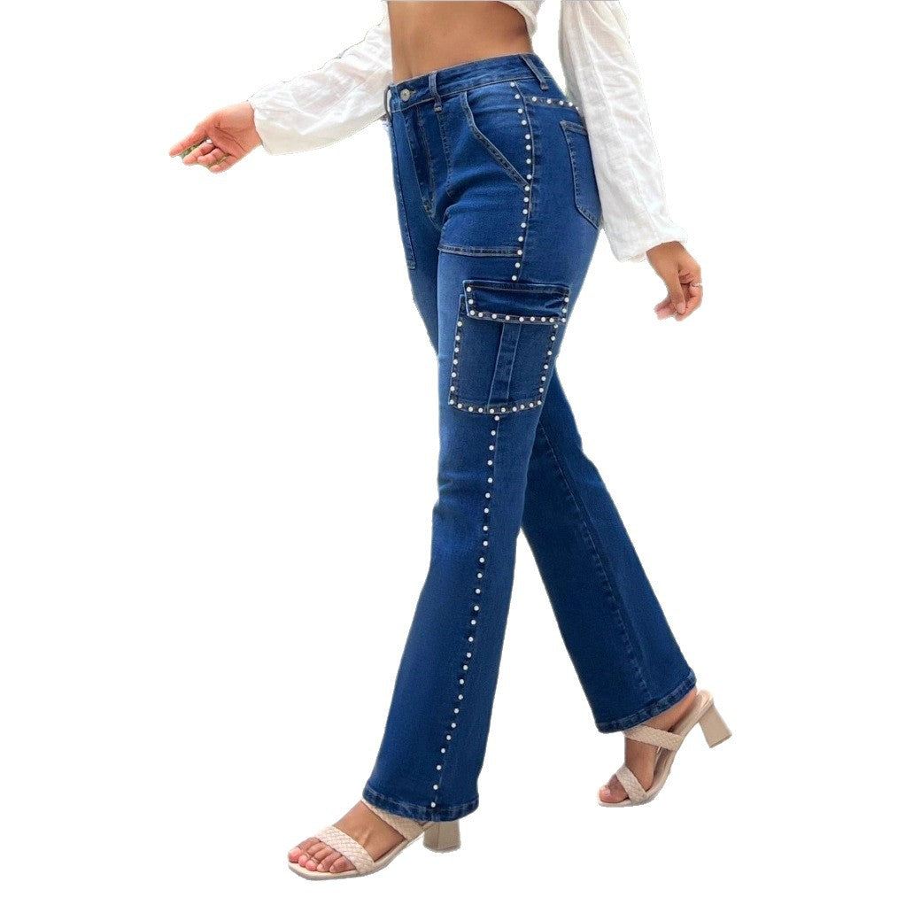 Damen Cargo-Denimhose mit geradem Bein, aufgesetzten Klappentaschen und Perlenbesatz Drune