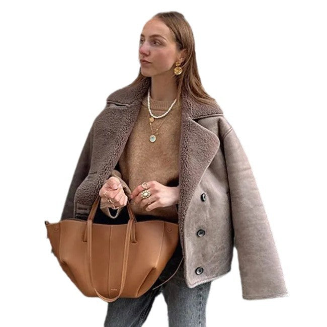 Damen modische Kunstfelljacke mit oversized Schnitt und breitem Kragen Drune