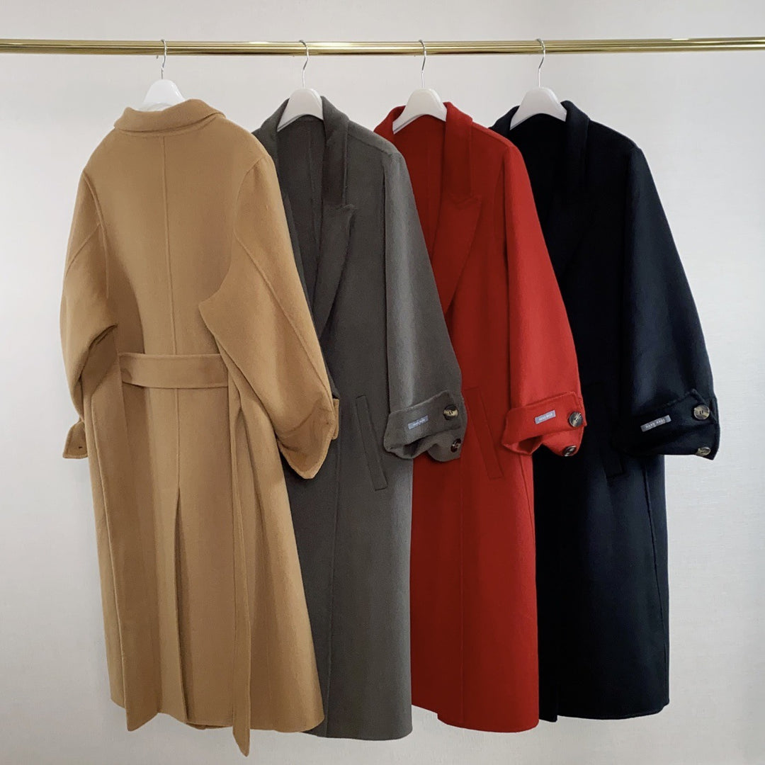 Damen Langer Wollmantel mit Bindegürtel, Oversize‑Silhouette und Ballonärmeln Drune