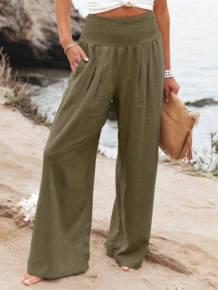 Damen Weite Leinenhose mit elastischem Bund und Falten Drune