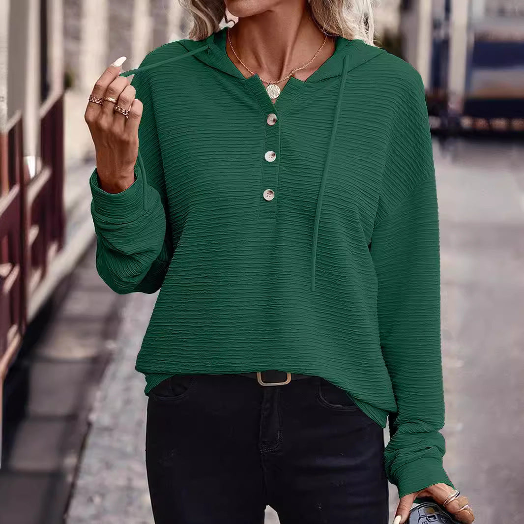 Damen Texturierter Kapuzen-Henleypullover mit Knopfleiste Drune