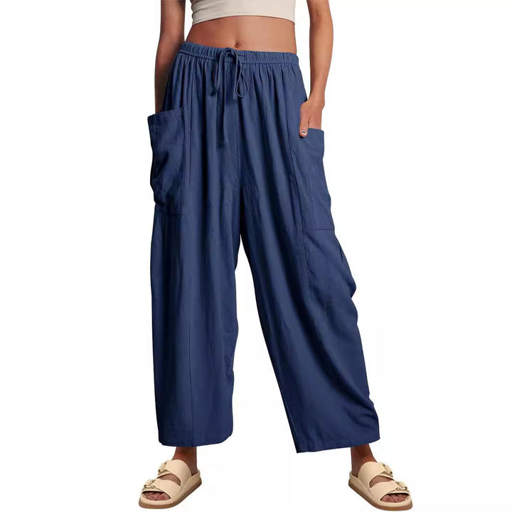 Damen nan weite Palazzohose aus leichtem Leinenmix mit Tunnelzug und seitlicher Tasche Drune