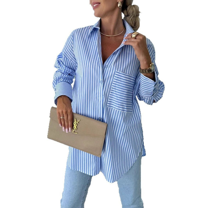 Damen Streifenbluse im lässigen Oversized-Stil mit Brusttasche Drune